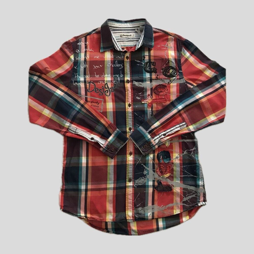 Desigual Colorful Red Plaid Long Sleeve Cotton Collared Mens Shirt Size M/L